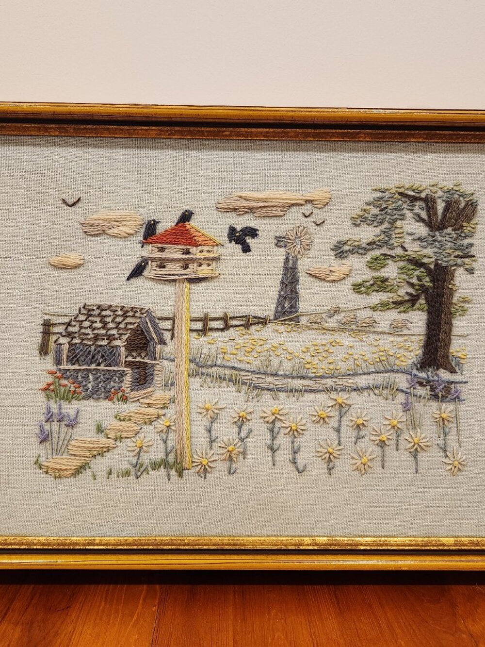 Vintage Framed Crewel Needlework Birdhouse